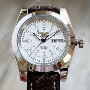Seiko Silver Case White Dial Brown Leather Strap Men's Watch
